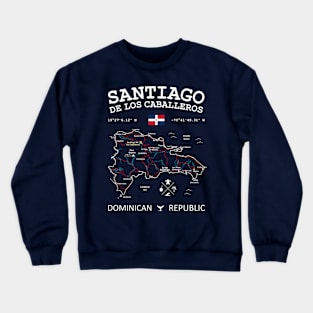 Dominican Republic Map Flag Santiago de los Caballeros Coordinates Roads Rivers and Oceans White Crewneck Sweatshirt